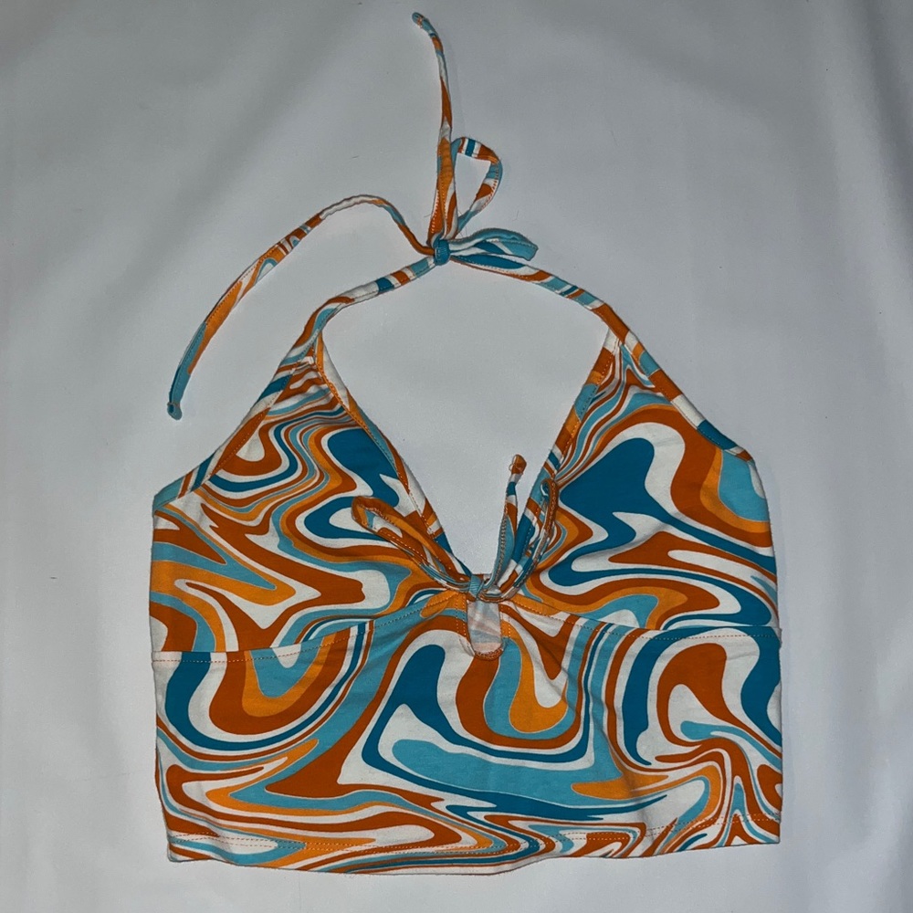 Garage wave pattern tank top blue white and orange with keyhole tie